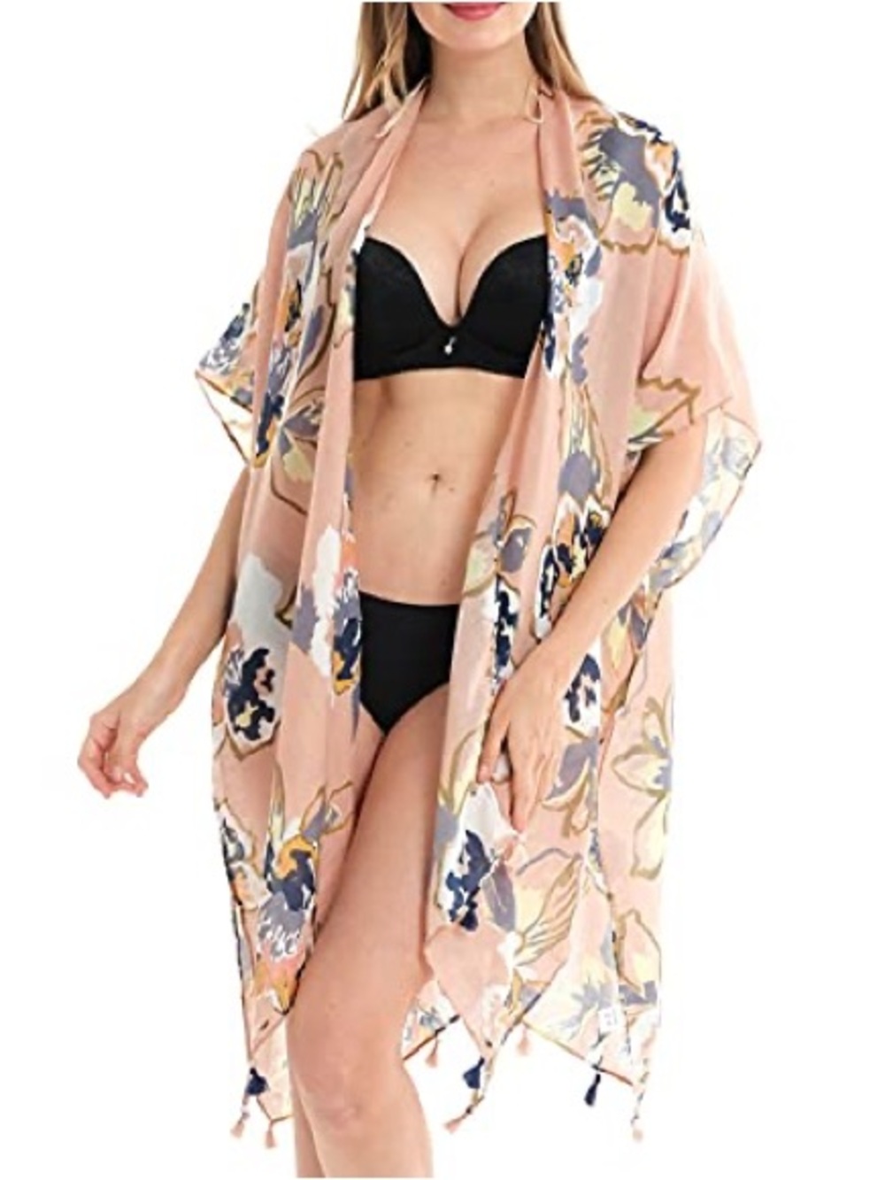 Woven Heart Floral Pink Beach Cover-Up Kimono